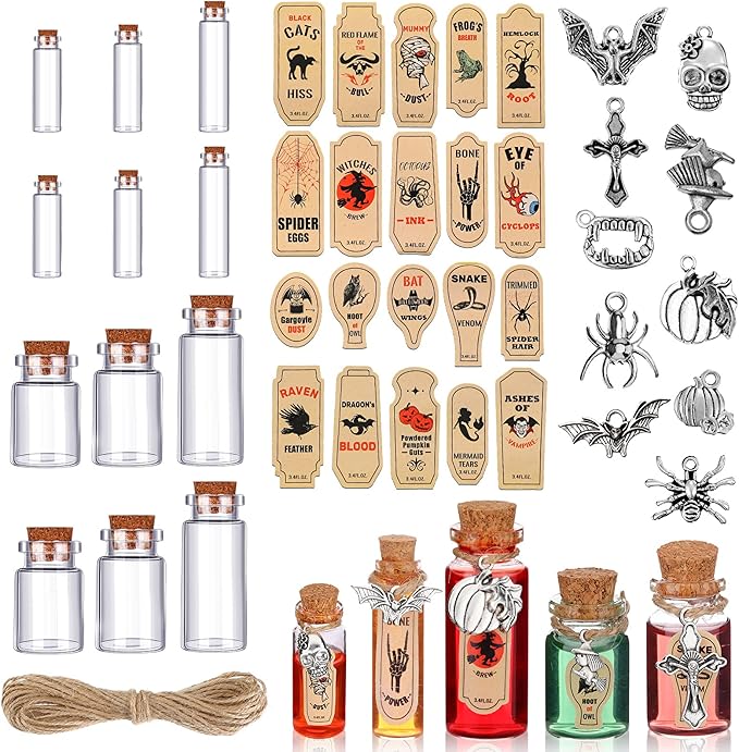 Newtay 53 Pcs Halloween Mini Potion Bottles Set Including 12 Decorative Glass Bottles with Cork Stoppers 20 Creepy Apothecary Bottle Labels Stickers 20 Charms Pendants 1 String (5/6/7/12 ML,Stylish)-Ruum Studio Home