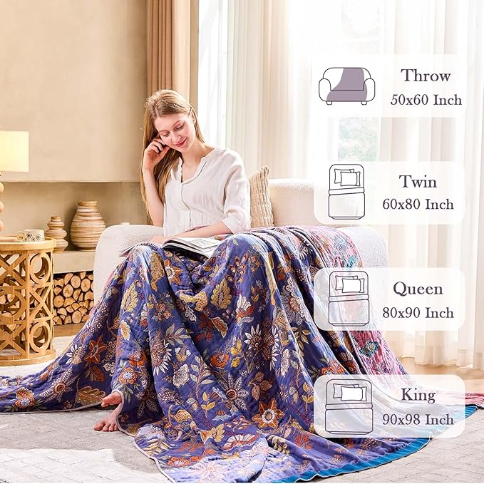 Boho Blanket, 100% Cotton Farmhouse Decorative Throw Blanket, 90"x98" Reversible Bohemian Throw Blanket, Purple All Season Muslin Breathable Woven Blankets Quilt-Ruum Studio Home