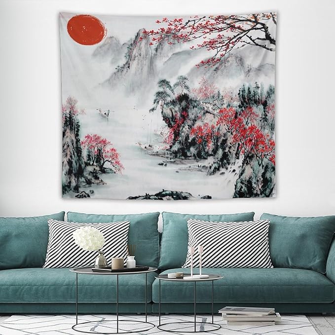 Cherry Blossoms Tapestry,Japanese Red Landscape Asian Watercolor Abstract Art Tapestry, Asian Japanese Wall Tapestry, Nature Landscape Tapestries for Bedroom Living Room Decor 60"x50"-Ruum Studio Home