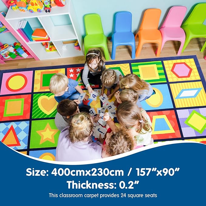 Booooom Jackson Seating Classroom Rug for Kids Room Seating Décor, 7'54''x13'12'' Vibrant Geometric Patterns Large Preschool Carpet Seating Rug for Teaching and Playroom, Non-Slip Rubber Backing-Ruum Studio Home