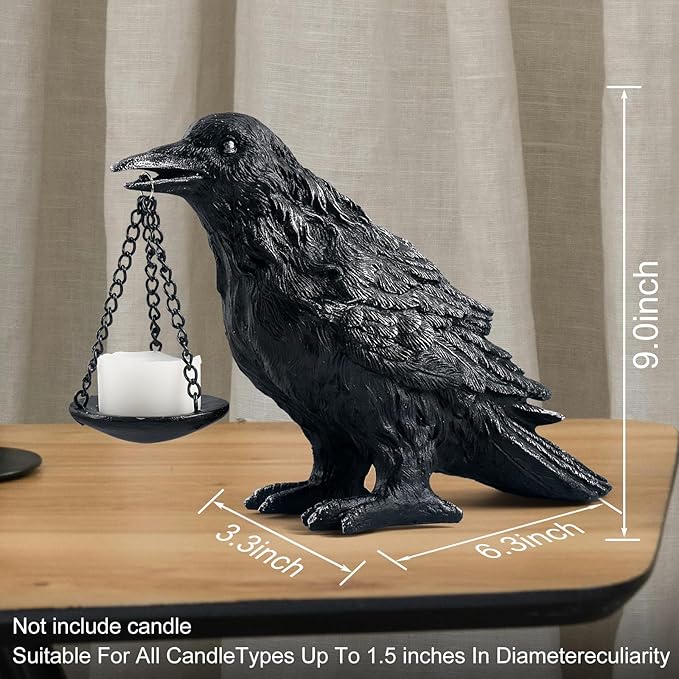 Raven Gothic Home Decor Fake Crow Light Holder Raven Lamp Tealight Candle Holder Resin Raven Statue Wearing Silver-Ruum Studio Home