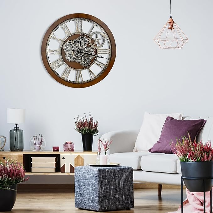 HOIBAI Clocks for Living Room Decor, Large Wall Clock 24 in (60cm) Clocks Wall Decor, Moving Gear Wall Clock, Farmhouse Vintage Industrial Oversized-Ruum Studio Home