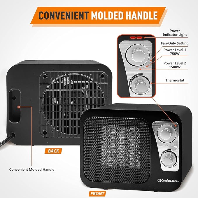 Comfort Zone Space Heaters for Indoor Use, Portable Heater, Fast Heating, Electric Heater, Thermostat, Retro Design, Bedroom Heater with Overheat Protection, Safety Tip-Over Switch 1,500W, Black-Ruum Studio Home