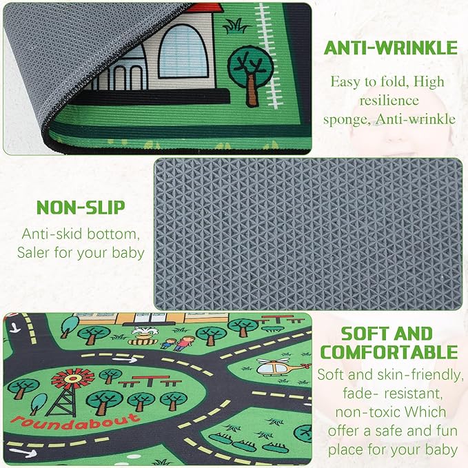 Kids Carpet Playmat Rug 6 x 9 ft Player Car Rug, City Life Traffic Road Map Mat Educational Game Area Mat for Toddler Children Playroom Classroom Bedroom(Green)-Ruum Studio Home