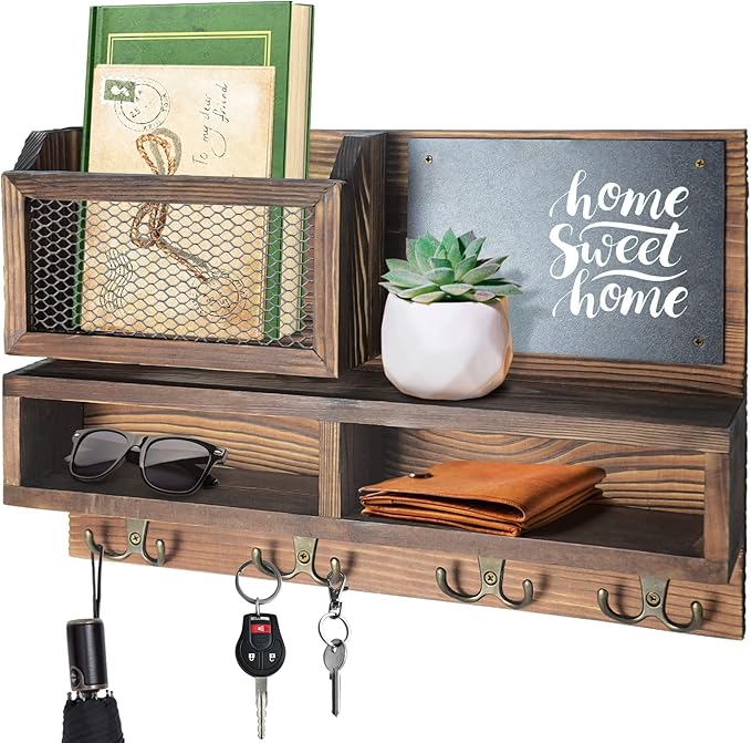 Key Holder for Wall, Mail Organizer Wall Mount with Key Hooks and Wallet Holder, Sunglasses Storage and Dog Leash Hanger, Decorative with 4 Double Hooks and Chalkboard-Ruum Studio Home