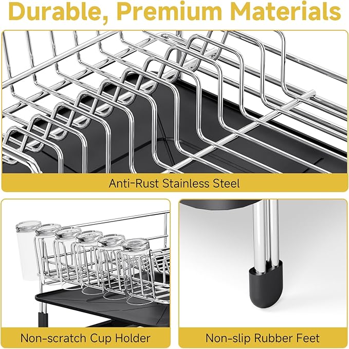 Dish Drying Rack, Expandable Stainless Steel Dish Rack with Drainboard Set Kitchen Sink Organizer for Counter, Large Capacity Kitchen Accessories, Smooth Water Flow-Ruum Studio Home