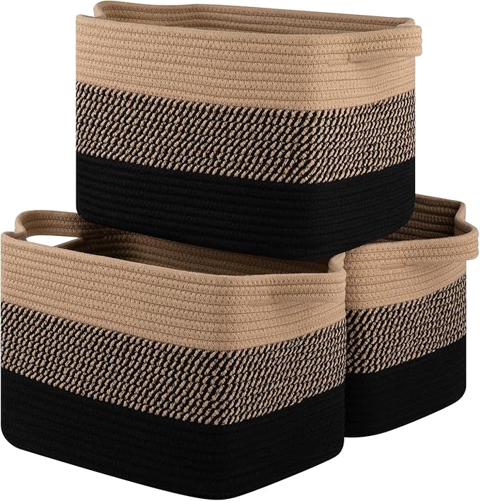 Storage Basket for Organizing, Woven Baskets for Storage, Rectangle Decorative Baskets for Shleves, Closet, Toys, Books, Nursery Organizer Bins - Pack of 3 (Black & Brown)-Ruum Studio Home