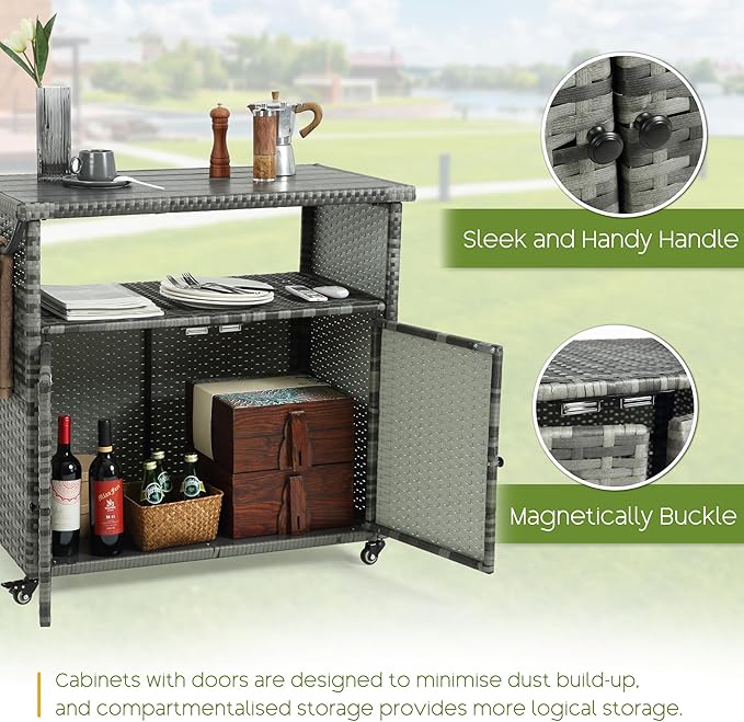 Wicker Outdoor Bar Cart - Gray Gradient Patio Console Storage Table Buffet Cabinet Serving Kitchen Cart with Wheels for Outside Backyard-Ruum Studio Home