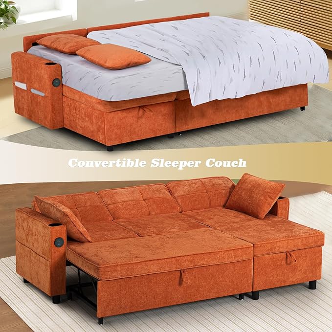 84 Inches Chenille Sectional Sofa w/Pull-Out Sofa Bed & Adjustable Back, Tufted L-Shaped Couch w/Storage Chaise, Sleeper Sectional Sofa w/USB Port & Cup Holders for Living Room, Orange-Ruum Studio Home