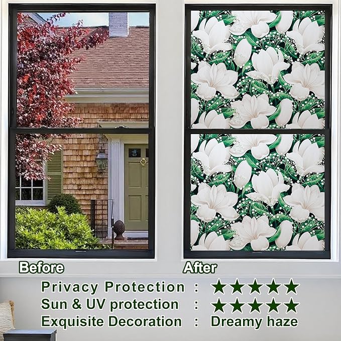 Window Privacy Film Stained Glass Decorative Static Clings Frosted Window Tint for Home Room Decor Bathroom Door Car Stickers with Glittering Effect, Removable(Magnolia Design)-Ruum Studio Home