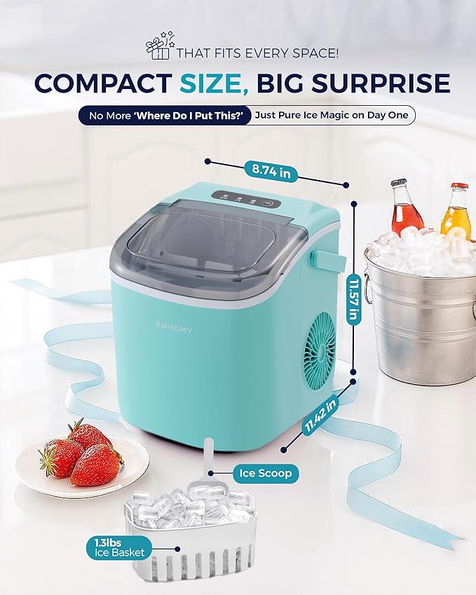 EUHOMY Countertop Ice Maker Machine with Handle, 26lbs Per Day, 9 Ice Cubes Ready in 6 Mins, Auto-Cleaning Portable Ice Maker with Basket and Scoop, for Home/Kitchen/Camping/RV (Green)-Ruum Studio Home