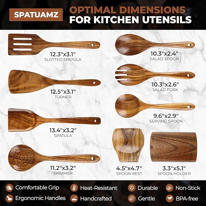 SPATUAMZ Wooden Spoons for Cooking, Teak Wood Kitchen Utensil Set for Nonstick Cookware, Durable Cooking Spatulas Set of 9 with Holder and Spoon Rest-Ruum Studio Home