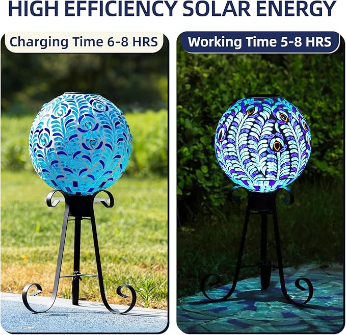 VOREEN Solar Gazing Ball, 10" Mosaic Glass Gazing Globe with Solar Light, Handmade Outdoor Yard Decor Sphere for Patio Lawn Garden, Gift for Mom Wife Friend, Peacock Feather Design (Blue)-Ruum Studio Home