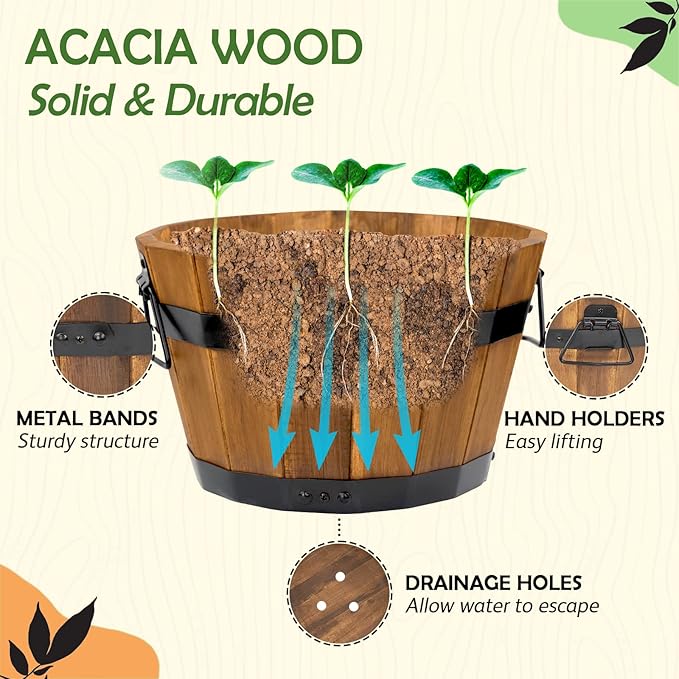 Idzo Set of 3 Wooden Flower Boxes Outdoor, Durable Acacia Wood Barrel Planters for Outdoor Plants with Ergonomic Handles, Drainage Holes, Multiple Sizes Wood Bucket Planter Light Brown-Ruum Studio Home