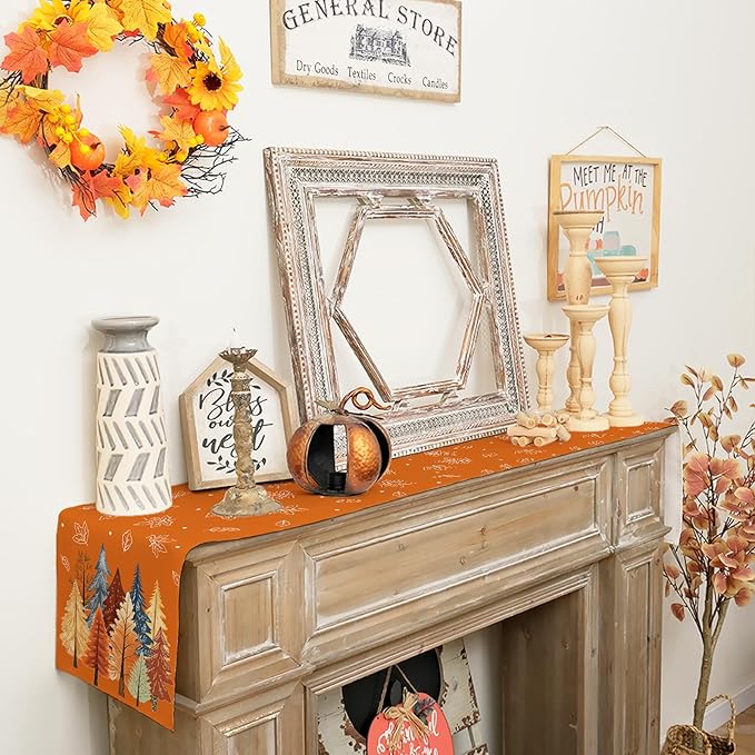 GEEORY Fall Watercolor Trees & Maple Leaves Table Runner 13x60 Inch, Rustic Farmhouse Autumn Thanksgiving Decor for Kitchen, Dining, Indoor/Outdoor Holiday Dinner Party Orange GT158-60-Ruum Studio Home