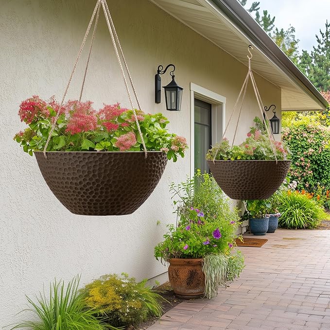 LA JOLIE MUSE Hanging Planters for Outdoor Plants, Large Outdoor Hanging Planters with Drain Holes Ash Brown, Honeycomb (13.2 Inch, Set of 2)-Ruum Studio Home