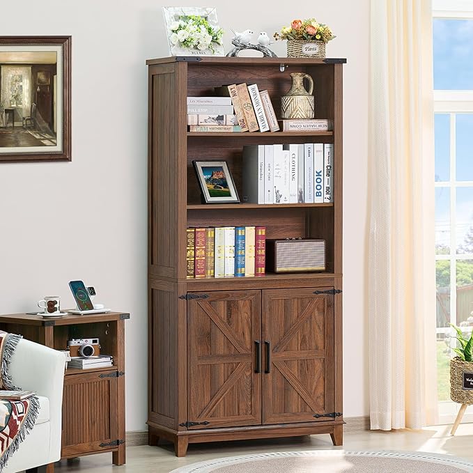 70in Tall Bookshelf 5 Tier Bookcase with Barn Doors and Adjustable Shelves, Brown Farmhouse Book Shelf with Storage Cabinet, Wood Freestanding Display Bookshelves for Bedroom, Kitchen (2PCS)-Ruum Studio Home
