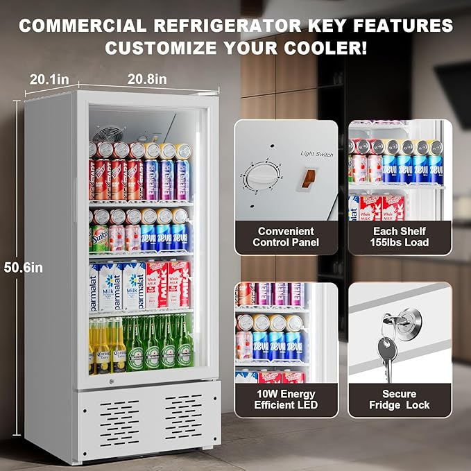 6.5 CUFT Commercial Beverage Refrigerator Glass Door Display Cooler Drink Beer Milk Fridge for Bar Restaurant Office-Ruum Studio Home