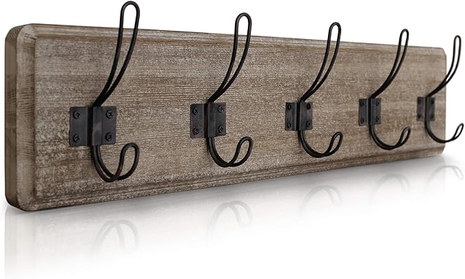 HBCY Creations Weathered Rustic Coat Rack Wall Mount with 5 Hooks, Solid Pine Wood 24 inch Wall Hooks for Entryway, Mudroom, Hallway, Bathroom - Vintage Farmhouse Style Wall Mounted Towel Rack-Ruum Studio Home