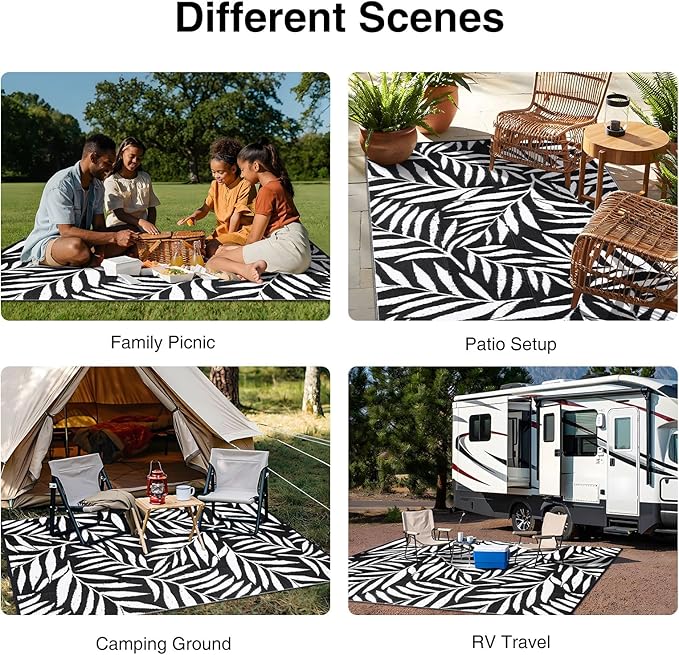 OLANLY Waterproof Outdoor Rug 6x9 ft, Reversible Outdoor Plastic Straw Rug with Leaf Pattern, RV Mat, Indoor Outdoor Carpet for Patio, Camping, Balcony, Deck, Backyard, Black & White-Ruum Studio Home