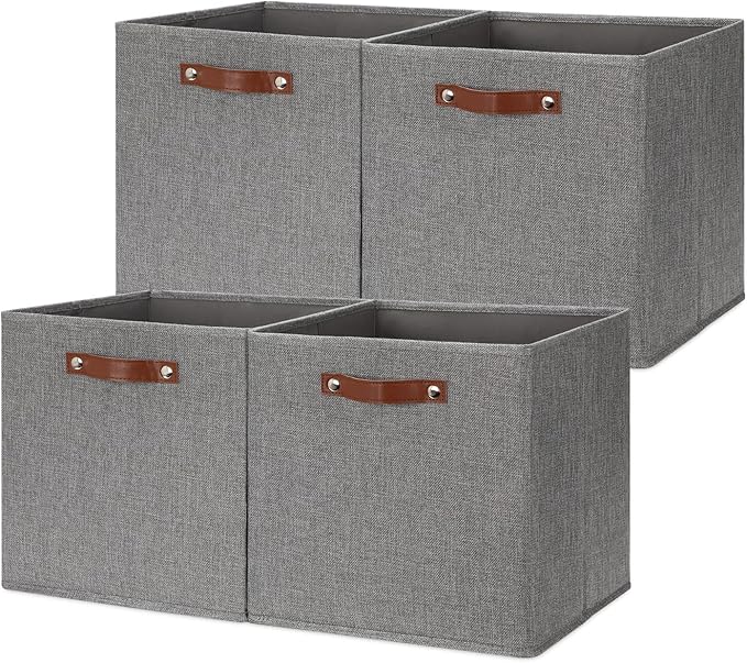 HNZIGE Fabric Storage Cubes Bins Baskets for Shelves Set of 4 Baskets, 13 Inch Storage Bins with Handles, Foldable Storage Cube Organizer Bins Organizing Home Nursery (Gray)-Ruum Studio Home
