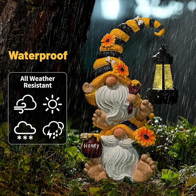 Solar Bee Garden Gnomes with LED Lantern – Waterproof Stacked Outdoor Decor for Yard, Patio – Unique Gnome Gift for Mom, Grandma, Women (Weatherproof Resin Outdoor Statues)-Ruum Studio Home