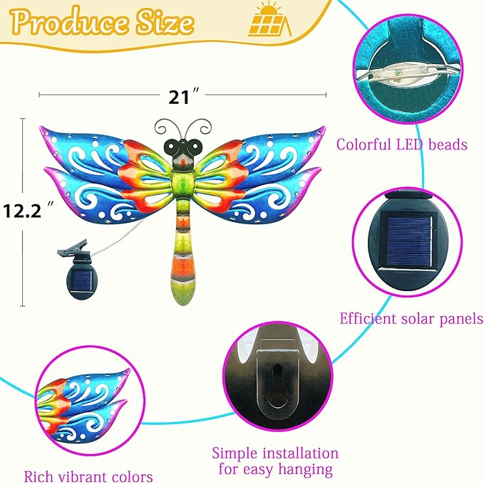 Solar Dragonfly Wall Art, 12-Inch Metal Garden Decor, Color Changing LED Lights, Multicolor-Ruum Studio Home