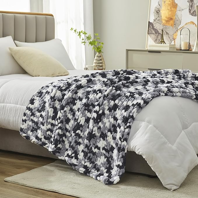 Amélie Home Chunky Knit Throw Blanket for Couch, Soft Chenille Crochet Blanket for Sofa, 50"x60", Space-Dyed Black-Ruum Studio Home