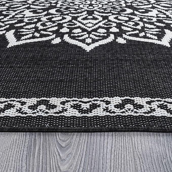 CAMILSON Outdoor Rug, 9x12 Medallion Black White Modern Area Rugs for Large Indoor and Outdoor Patios, Kitchen and Hallway Mats, Washable Porch Deck Outside Carpet (Medallion Black, 9 x 12)-Ruum Studio Home
