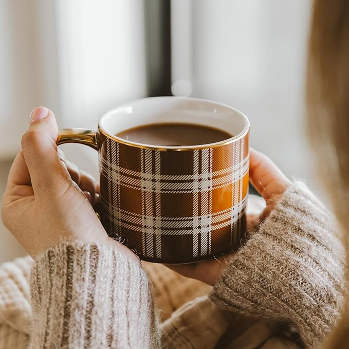 Sweet Water Decor Brown Plaid Mug with Gold Handle, 14oz Fine Bone China Coffee Cup for Tea, Latte, or Hot Cider, Cozy Fall Drinkware, Housewarming & Hostess Gift for Autumn and Thanksgiving-Ruum Studio Home