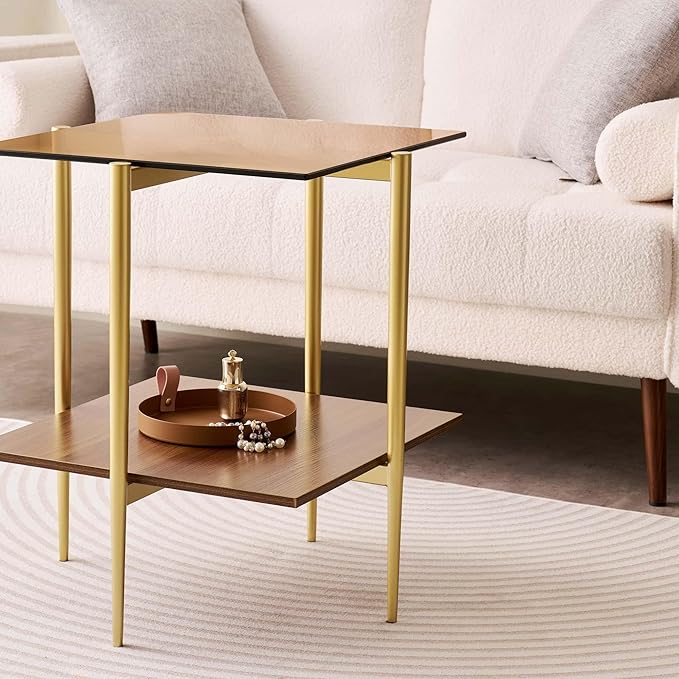 Glass End Table, Mid-Century Modern Design Sofa Table, L41 x W21 x H17, for Living Room, 2-Tier Structure, Clear Glass Top and Walnut MDF Shelf, Sleek Conical Metal Legs with Gold Finish Frame-Ruum Studio Home