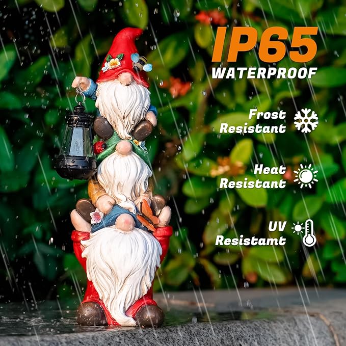 Garden Gnome Statue with Solar Lights Garden Sculptures Funny Triple Gnome Outdoor Patio Lawn Yard Balcony Garden Home Decor Birthday Gifts for Women Mom Grandma 12 in Fall Gnome-Ruum Studio Home
