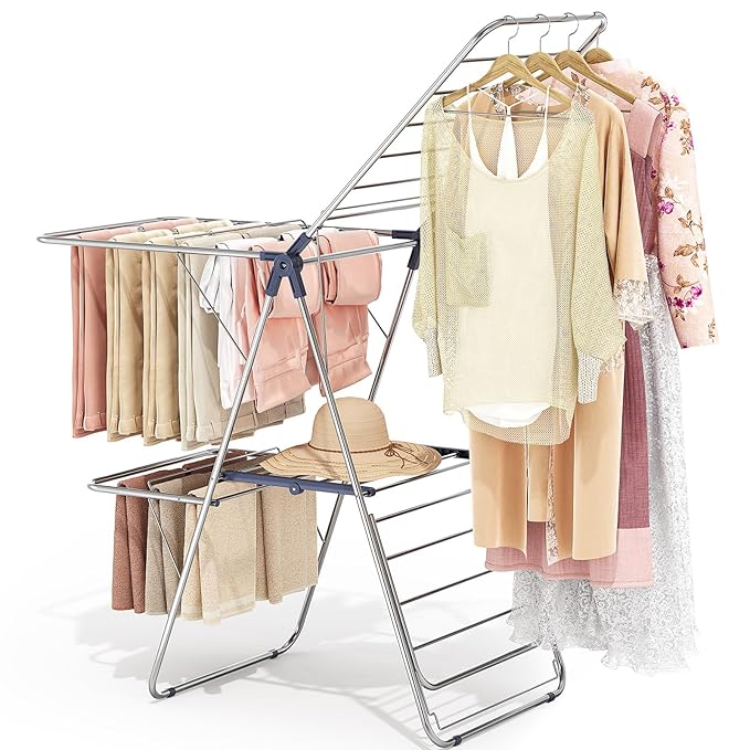 APEXCHASER Clothes Drying Rack with 4 Wings, Drying Rack Clothing with Height-Adjustable, Foldable Gullwings Laundry Drying Rack, Indoor Outdoor Use, No Assembly, Blue-Ruum Studio Home