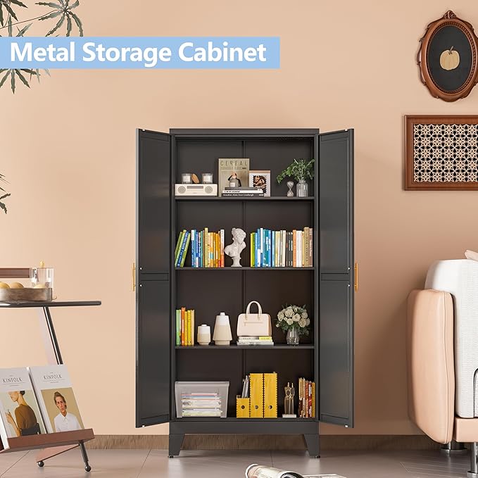Black Metal Storage Cabinet, 48" Steel Cabinets for Home Office, Kitchen Pantry Storage Cabinet with Doors and 3 Adjustable Shelves, for Office, Home, Garage, School-Ruum Studio Home