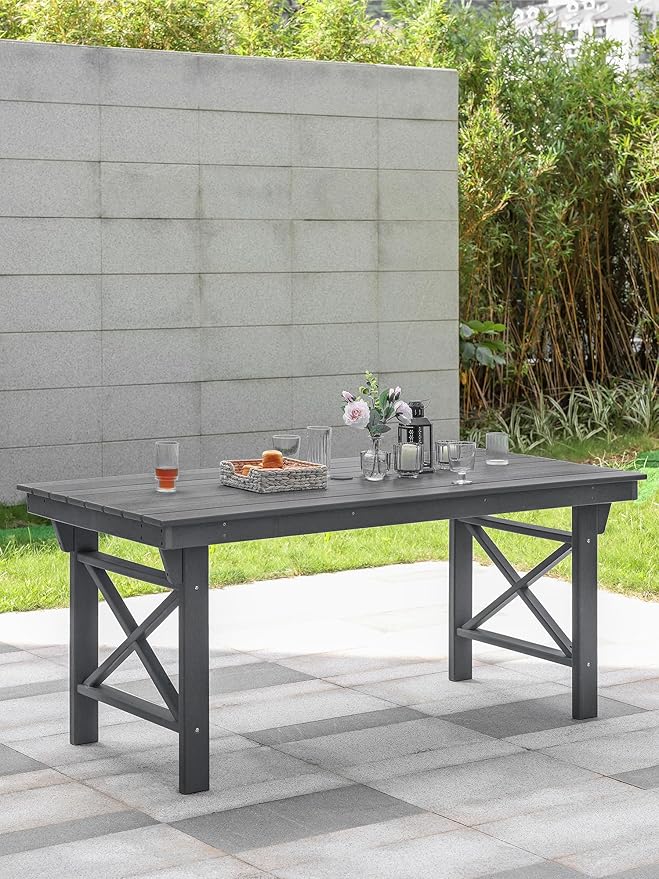 HDPE Outdoor Dining Table, 66.9” Rectangle Patio Dining Table for 6, All-Weather HDPE Outdoor Table with 2.2” Umbrella Hole, HDPE Patio Furniture for Deck, Backyard, Garden, Pool, Smoke Gray-Ruum Studio Home