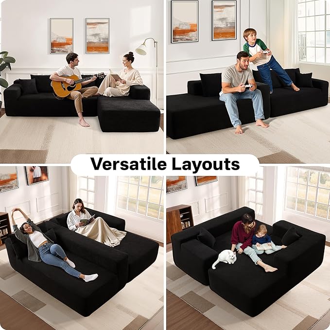 104" Cloud Sectional Couches for Living Room,L Shaped Boneless Couch in A Box,Sleeper Sofa with Comfy Chaise No Assembly Required,Black-Ruum Studio Home