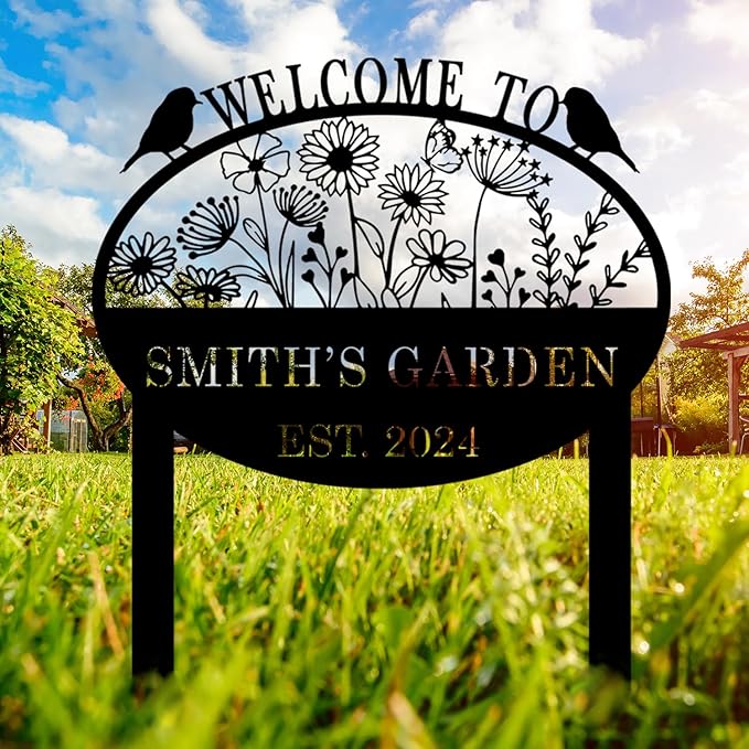 Custom Metal Flower Sign with Stakes - Personalized Garden Decor, Housewarming Gift - Large Yard Sign Plaque-Ruum Studio Home