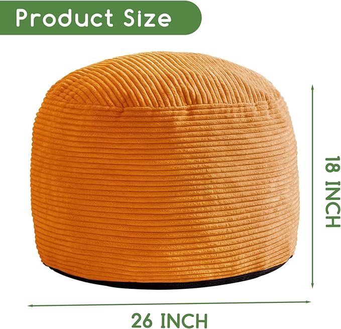 HIGOGOGO Round Stuffed Pouf Ottoman, Corduroy Poufs with Foam Chunk Filling, Furry and Fluffy Pouf Foot Stool Storage Ottoman, 26 X 18 Floor Poufs Foot Rest for Living Room, Orange-Ruum Studio Home