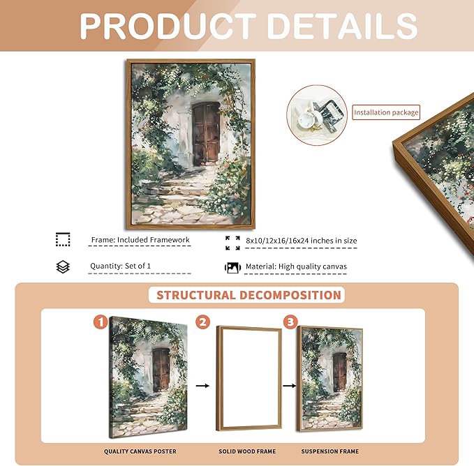 Floating Framed Canvas Vintage Wall Art, Rustic Cottage Spring Garden Oil Paintings Print, Country Floral Pictures Wall Decor for Living Room Bedroom Office Home Decor 8x10 inch-Ruum Studio Home