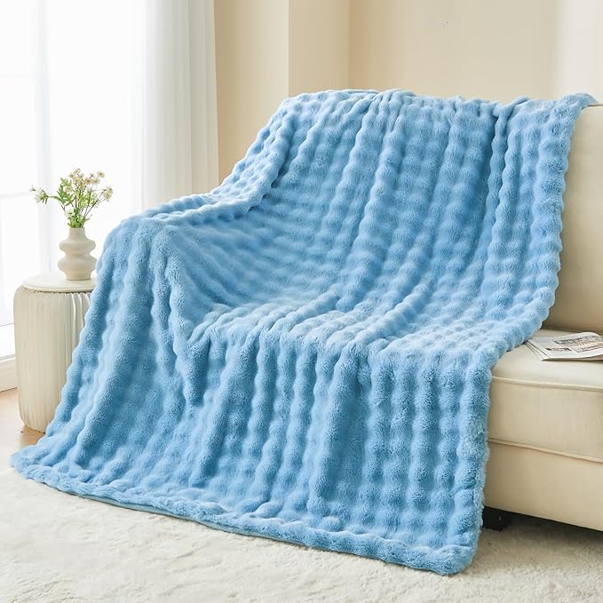 NEWCOSPLAY Faux Fur Throw Blanket Blue Bubble Blanket Thick Warm Soft for Couch Sofa Bed 550GSM (Blue, Throw(50"x60"))-Ruum Studio Home