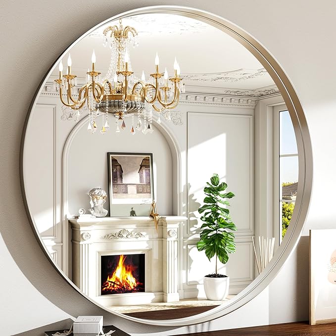 48 Inch Round Bathroom Mirror - Wall Mounted Circle Mirror with Metal Frame, Modern Mirror Suitable for Bathroom, Vanity, Entryway, Living Room, Wall Decor,Silver-Ruum Studio Home