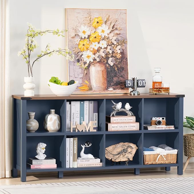 8 Cube Book Shelf, Farmhouse Wood Long Storage Organizer Bookcase, 62" Horizontal Navy Blue Console Closet Bookshelf, Hallway TV Stand for Entryway, Display Cabinet Book Case for Living Room-Ruum Studio Home