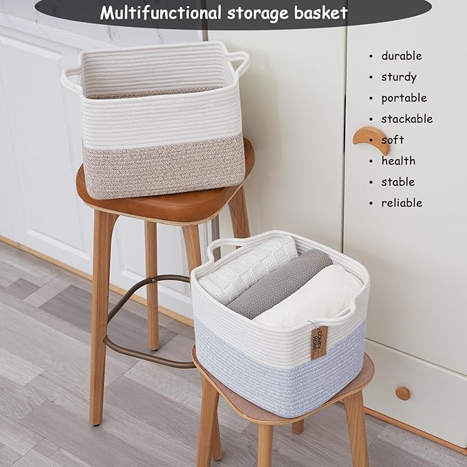 COMFY-HOMI 3PACK Cotton Rope Square Baske with Handles for Shelves|Dog Toy Baske Bin and Storage|Baby Baske for Gift|Shoe Baske for Organizing|13.5" x 11" x 9.5" for Living Room（White/Blue）-Ruum Studio Home