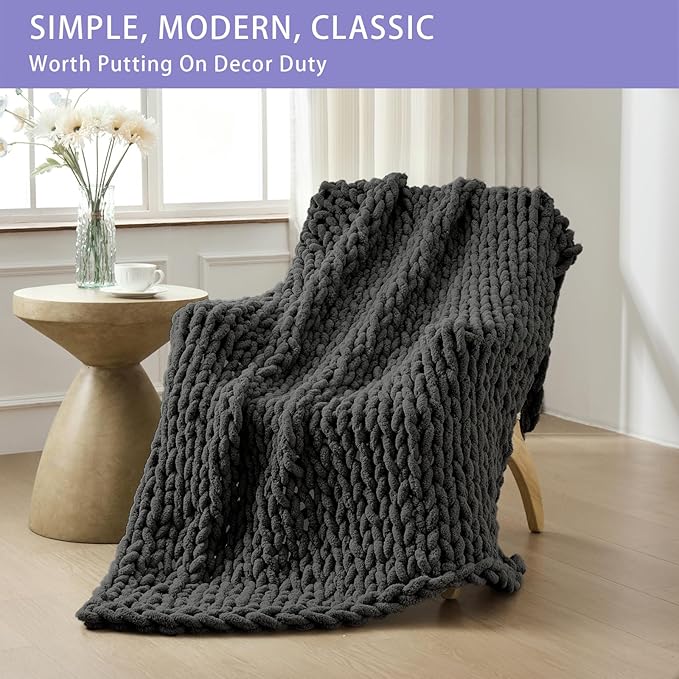 Bigacogo Chunky Knit Throw Blanket for Couch, 40x80 inches, 100% Hand Knitted with Thick Jumbo Chenille Yarn, Cozy Soft Large Rope Knot Cable Crochet Blankets for Sofa Bed Living Room, Dark Grey-Ruum Studio Home