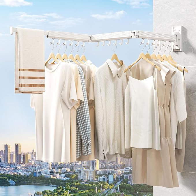 Laundry Rack Wall Mounted,Clothes Drying Rack,Drying Rack Clothing,Clothes Rack,Laundry Hanger Rack,Laundry Drying Rack,Drying Rack Wall Mounted,Retractable ,Collapsible,White Color（J-type Hooks）-Ruum Studio Home