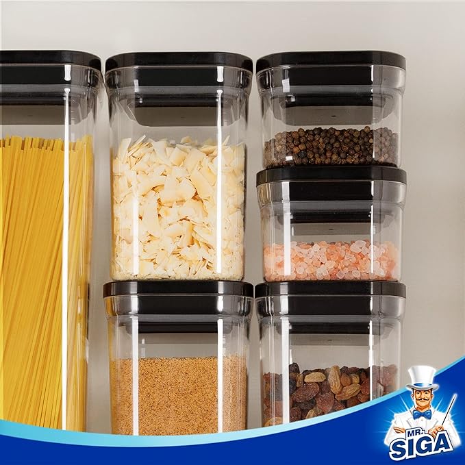 MR.SIGA 6 Piece Airtight Food Storage Container Set, BPA Free Kitchen Pantry Organization Canisters, One-handed Kitchen Storage Containers for Cereal, Spaghetti, Pasta, Black-Ruum Studio Home