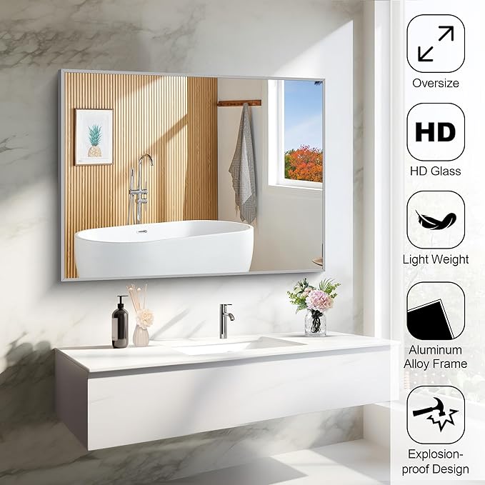 Silver Bathroom Mirror, 48"X36" Rectangle Mirrors for Wall Metal Frame, Bathroom Rectangular Mirror Modern Wall Mirror for Bedroom Living Room, Hangs Horizontal or Vertical-Ruum Studio Home
