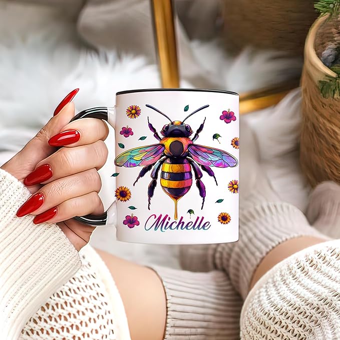 Hyturtle Personalized Colorful Bee Mug - Bee Keeper Gifts For Women Lovers Teacher - Honey Gifts For Beekeeper Farmer On Birthday - Queen Honeycomb Decor - Custom Coffee Cup Ceramic Mug 11 Oz 15 Oz-Ruum Studio Home
