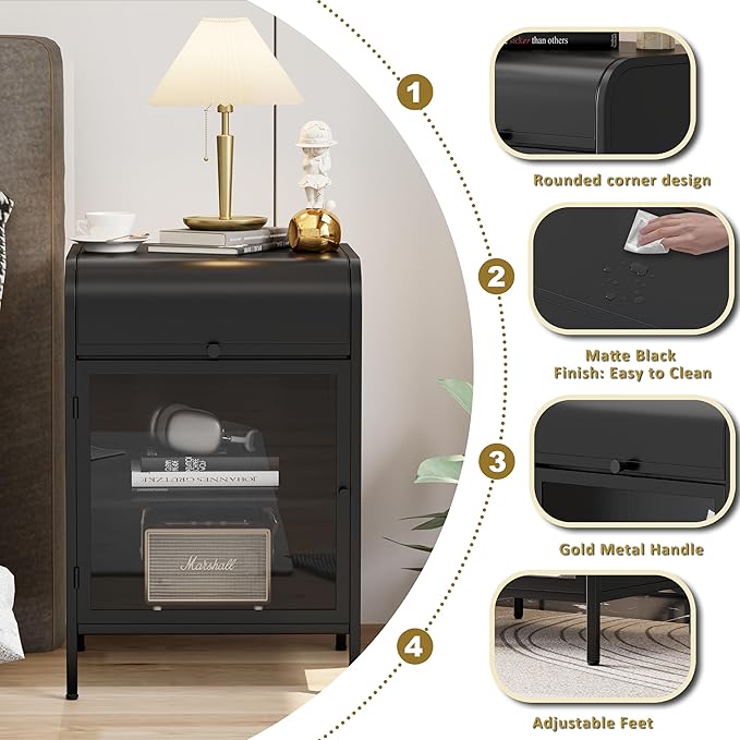 Modern Metal Side Tables, End Tables with Glass Door, 2-Tier Nightstands with Storage Shelves, Accent Table, Slim Sofa Table for Living Room, Bedroom (1, Black)-Ruum Studio Home