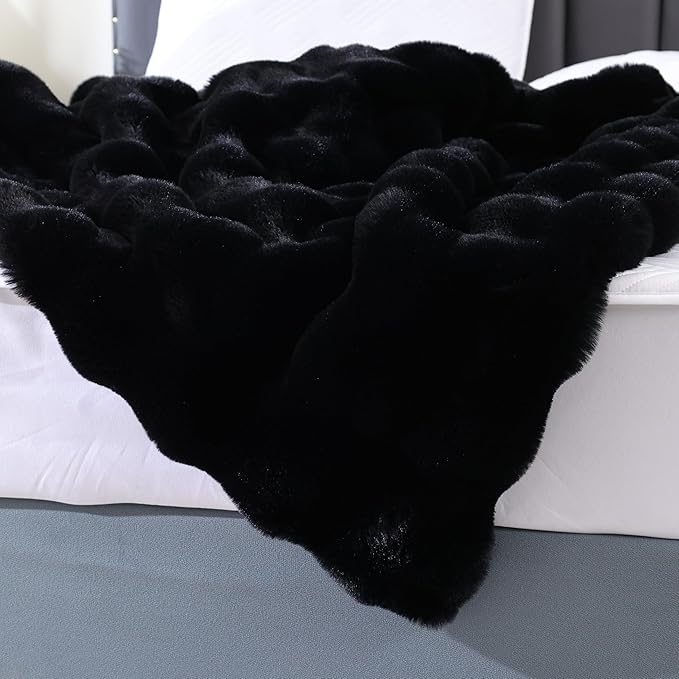 Black Fluffy Thick Fur Throw Blanket 50x60 for Bed Couch Office Chair Bunny Soft Blanket for Adults Gift Home Living Room Decorative Decor 860 GSM-Ruum Studio Home